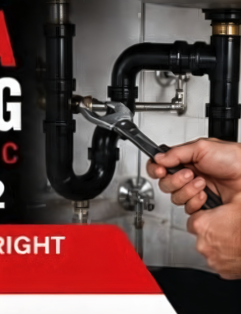 Skilled plumber with wrench working on pipes
